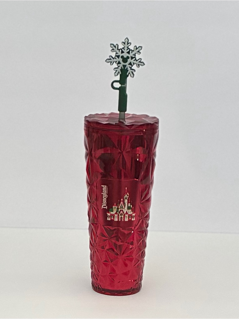 Disneyland Starbucks Holiday Travel Tumbler Metallic Red Snowflake Straw Topper